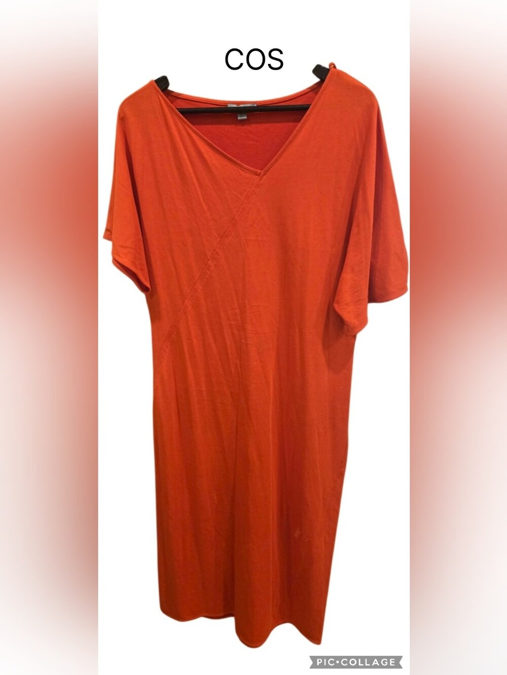 COS Orange Relaxed Assymitrical V-Neck Midi Dress Sz M Like New